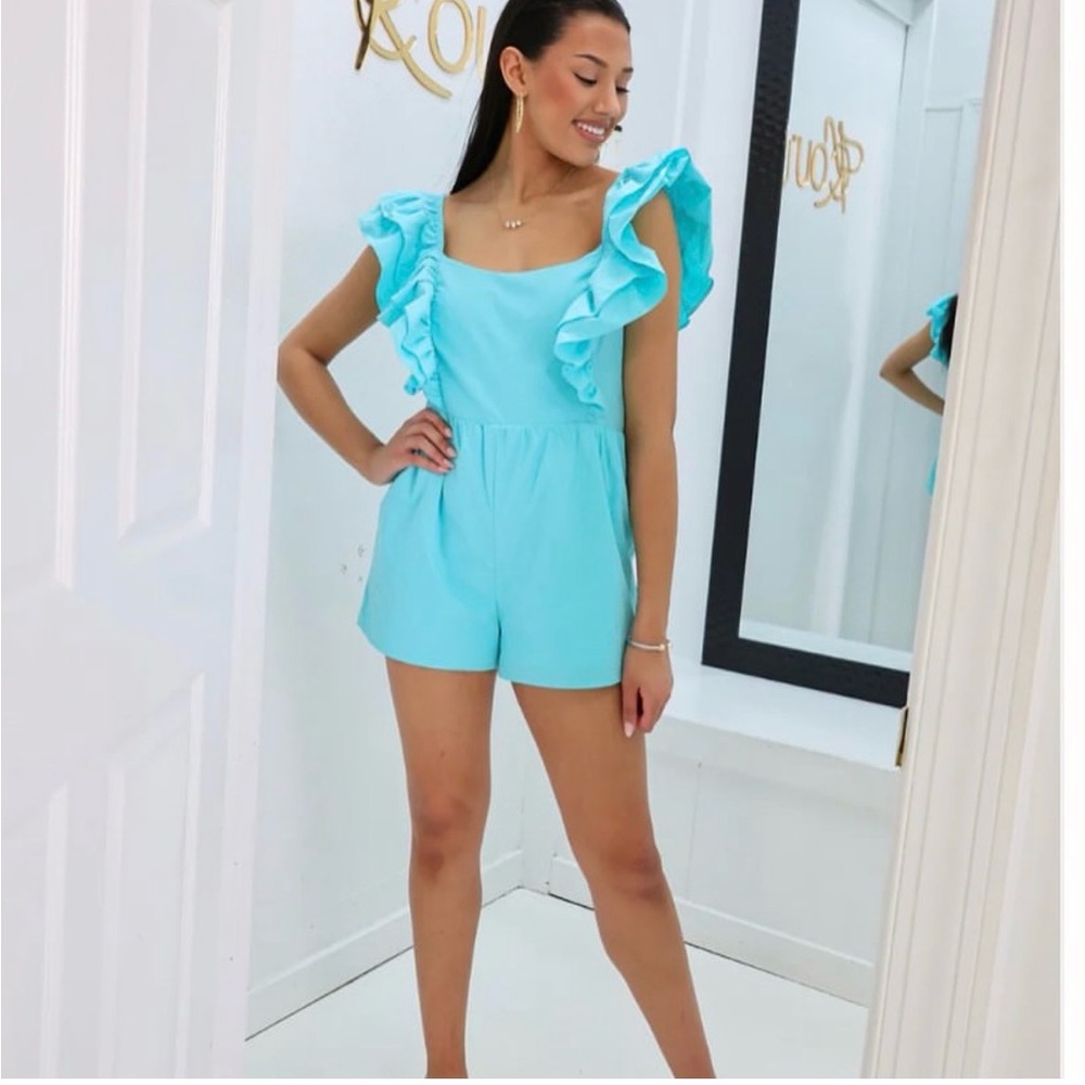 Blue Ruffle Sleeve Romper small